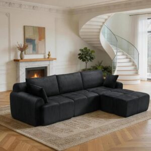 Koda corduroy modular sectional sofa in deep charcoal black in modern living room