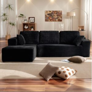 Dune L-shaped boneless couch in tan corduroy with chaise in modern living room