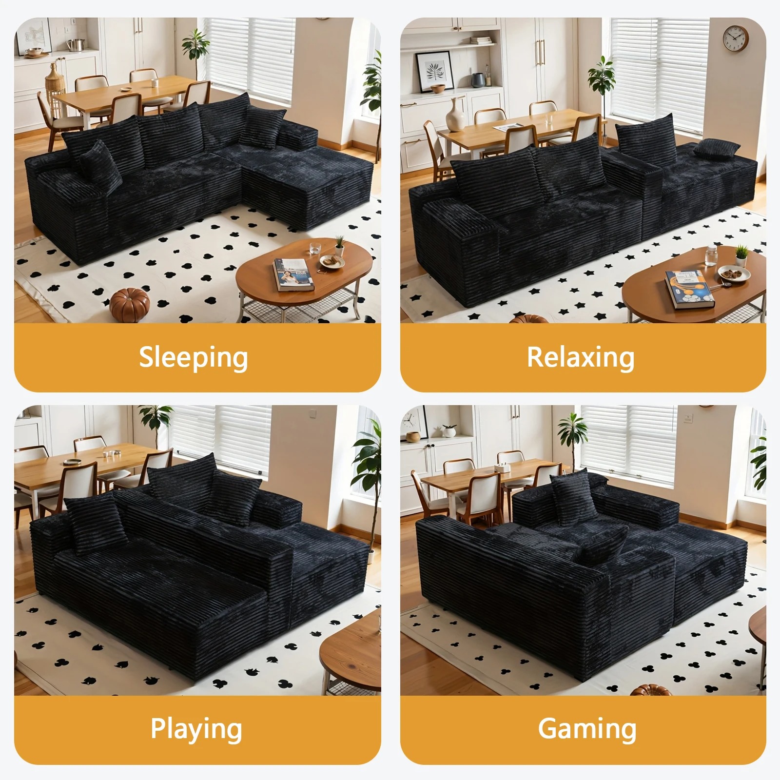 Dune L-shaped boneless couch styled as oversized cloud couch in bright living room