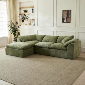 Sage L-shaped boneless sectional couch styled in a modern living room with warm neutral decor