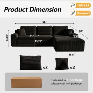 Dune L-shaped boneless couch dimension diagram showing total width and chaise depth